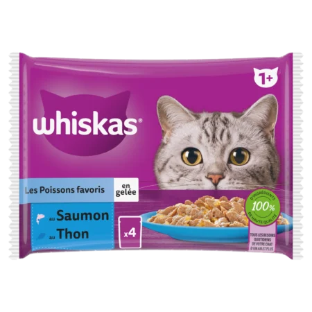 WHISKAS Sachets fraîcheur Les Poissons favoris en gelée pour chat 2 variétés, 4 sachets