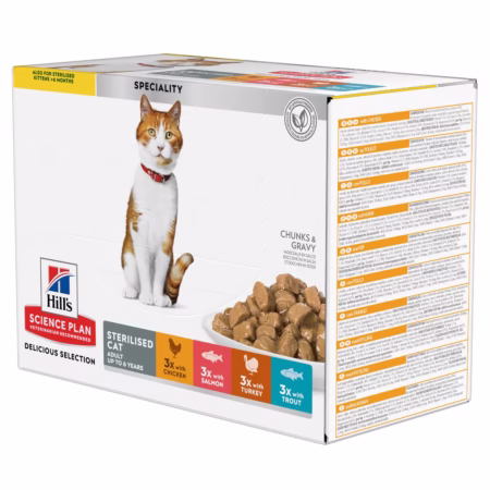 Sachets Repas pour Chat Adulte Stérilisé (1-6) – au Poulet, à la Truite, à la Dinde, au Saumon boite de 12pcs